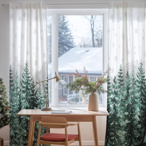 Tersuger 52"W x 96"L Christmas Tree Forest Semi Sheer Curtains - Pack of 2