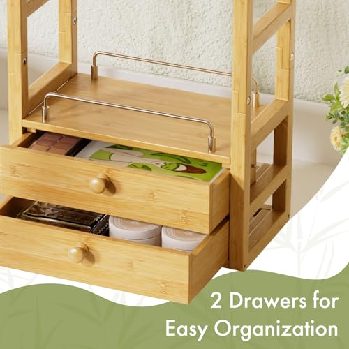 AmazerBath Natural Bamboo 2-Tier Counter Organizer with Drawers, Vanity & Makeup Storage
