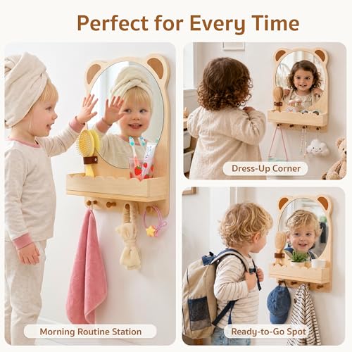 Montessori Toddler Wall Mirror with Hooks & Shelf - Child Safe Nursery Mirror