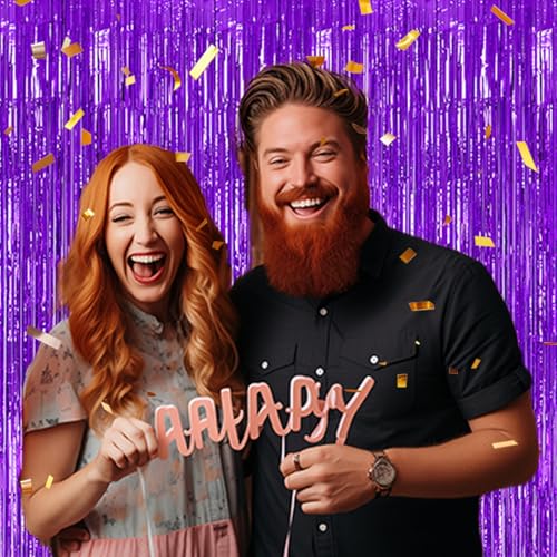 3 Pack Foil Fringe Backdrop - Purple Shiny Tinsel Curtains for Party Decoration/Photo Booth Props - 3.3x8.2 FT Metallic Foil Backdrop for Birthday, Wedding, Graduation, Christmas.