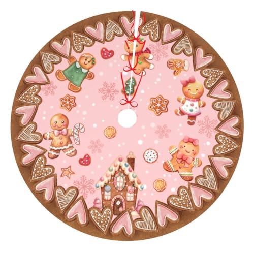 Candy Gingerbread Man Christmas Tree Skirt - Plush Polyester Mat Resistant with 3 Red Ties for Xmas, Halloween Decorations, Party Decor 30"