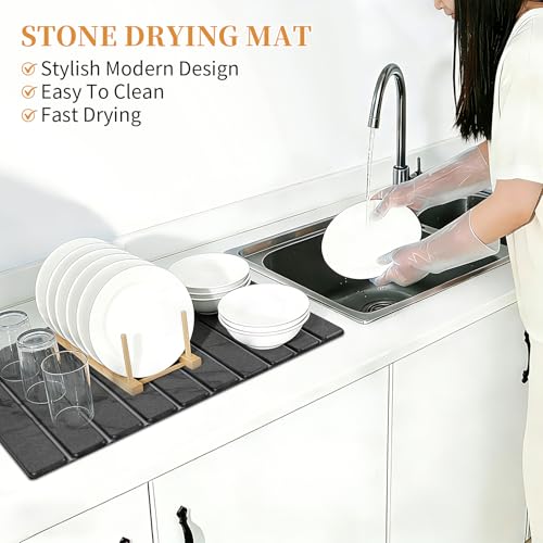 Gray Marble Stone Dish Drying Mat with Rack - Diatomaceous Earth Kitchen Accessories