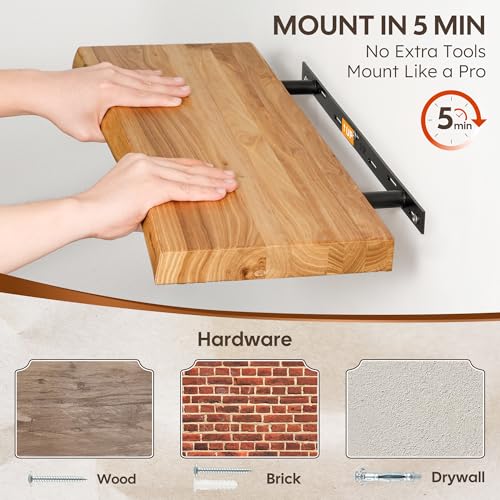 Realgulf 24-Inch Natural Elm Floating Shelves Set of 2 - Live Edge Rustic Wall Storage