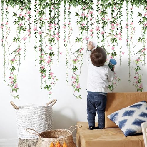 4 Sheets Hanging Vines with Flowers Wall Decals Green Plant Leaves Wall Stickers Pink Cherry Blossom Vine Wall Art Hanging Flower Tree Branches Bird Wall Murals for Kids Bedroom Nursery Decoration 20