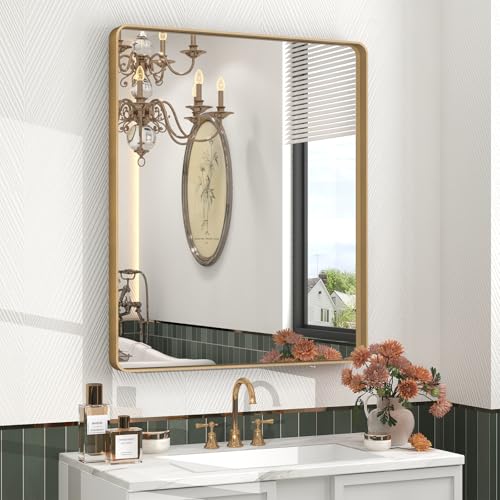 Charmor 28x32 Inch Gold Bathroom Vanity Mirror with Brushed Frame, Tempered Glass