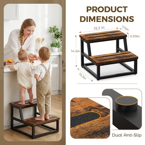 NomNest 2-Step Wooden & Metal Kitchen & Home Step Stool - Non-Slip, Sturdy, Portable