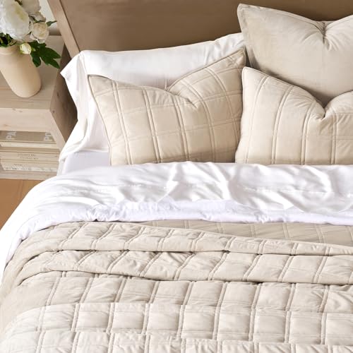 EverGrace Luxurious Velvet Quilt Set Queen Double Box Stitch Beige 3 Pieces