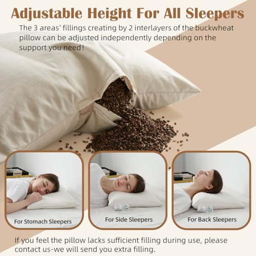 Buckwheat Pillow with Baffle Box- Adjustable Height Reduce Neck Pain