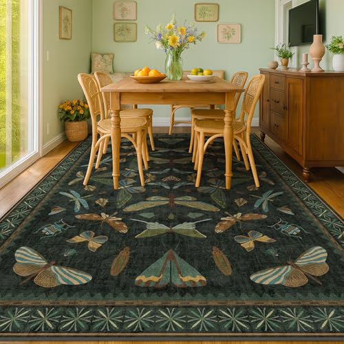 6' x 8' Dark Green Washable Area Rug with Non-Slip Backing - Vintage Floral Floor Carpet