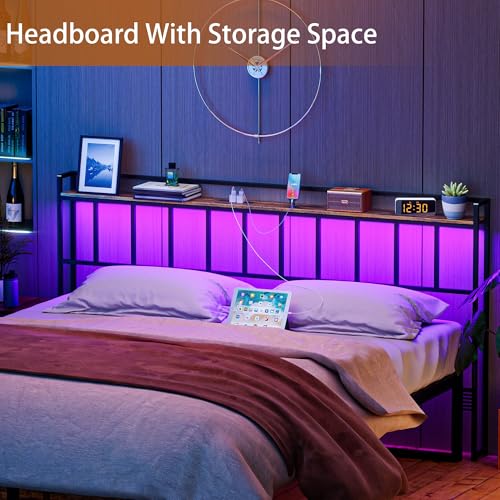 Queen Size Headboard with LED Lights USB Outlets & Storage Rack - Rustic Brown, Metal Frame