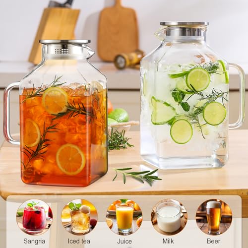Clear 2 Pack Square Glass Pitcher with Lid and Spout - 1 Gallon Borosilicate Carafe for Hot Cold Drinks