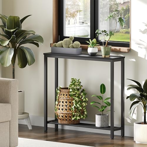 YATINEY Black Narrow Console Table 29.5x29.5x7.9 Inch 2-Tier Entryway Sofa Table