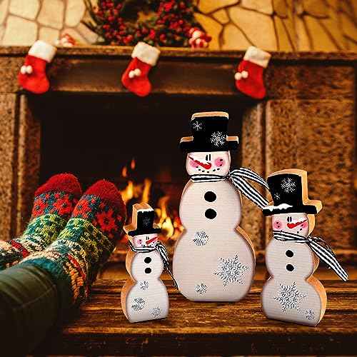 Suzile 3 Pcs Christmas Snowman Tabletop Decor Winter Wooden Table Decorations Rustic Snowman Table Centerpieces Farmhouse Winter Block Sign for Home Fireplace Mantel Holiday Party