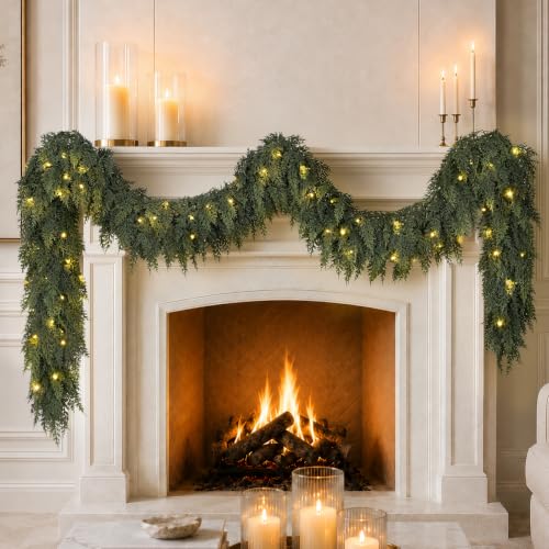 9FT Prelit Cedar Garland with Lights - Green Christmas Decor, Battery Operated