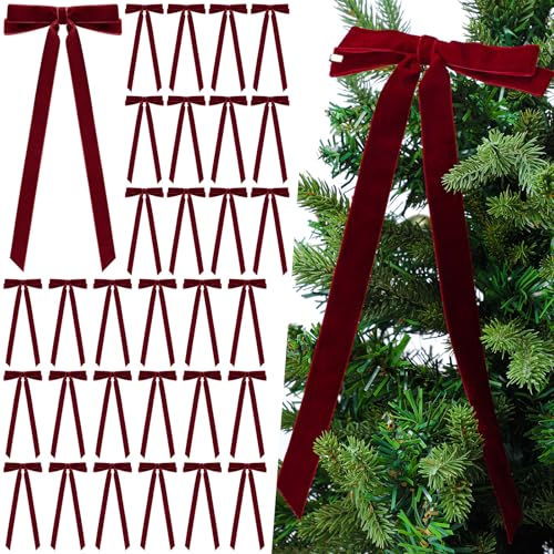 Giegxin Burgundy Velvet Christmas Bow Set - 30 Long Tail Holiday Decorations
