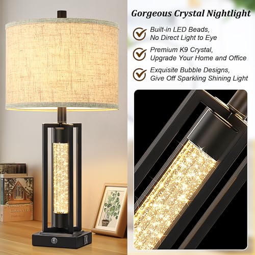 Set of 2 Farmhouse Table Lamps with Crystal Night Light, Black, 26 Inches - Includes USB Charging Ports