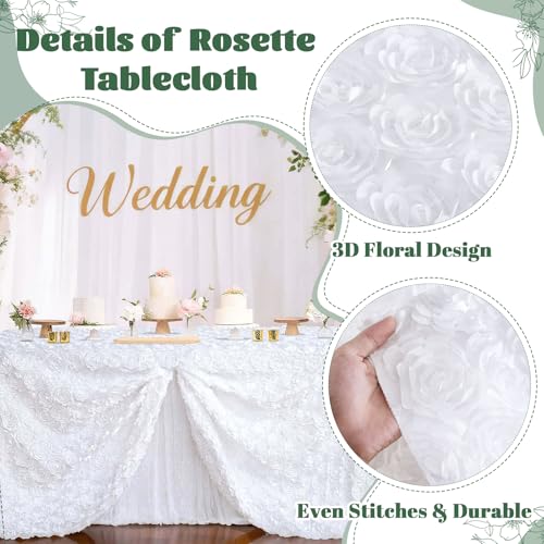 B-COOL 90x156 Inch White 3D Floral Rosette Satin Tablecloth – Rectangular
