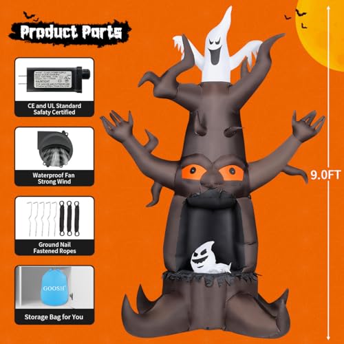 Inflatable Halloween Dead Tree with Ghosts & LED Lights Outdoor Decor - 9ft