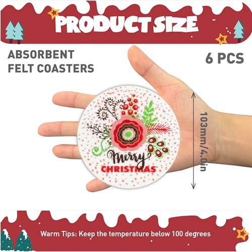 LIBERATECH 8977 Christmas Felt Coasters Set - Holiday Drink Protectors, 6 Pack