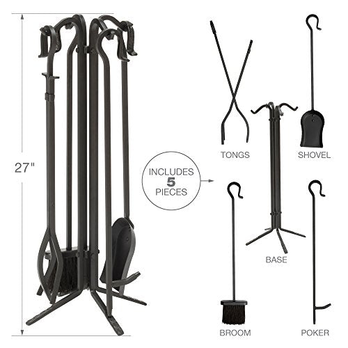 UniFlame Black Wrought Iron Fireplace Tools Set - 5-Piece Fire Tool Kit with Stand