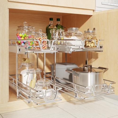 QUYUWU 15" W x 21" D 2-Tier Pull-Out Kitchen Cabinet Shelf Organizer