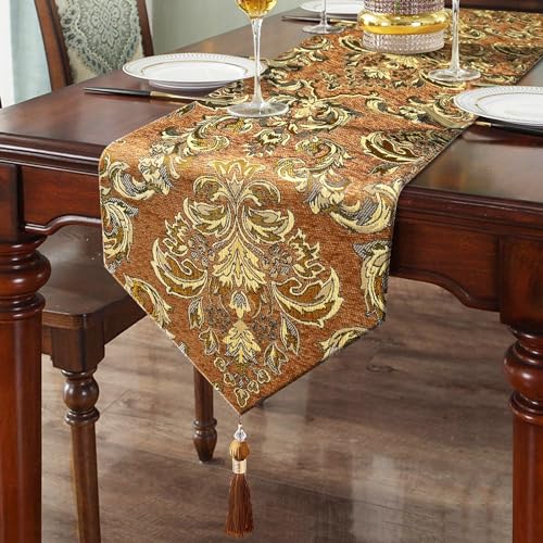 Caramel Table Runners 108 inches Long Vintage French Floral Chenille
