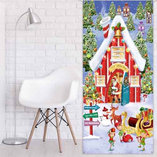 Sumind Christmas Door Cover Decoration, Large Santa Claus Front Door Cover, 6 x 3ft Fabric Santa Hanging Banner Snowy Winter House Background for Xmas Winter Holiday Decoration