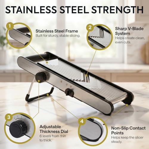 Adjustable Mandoline Slicer for Kitchen with V-Blade & 36 Slice Settings