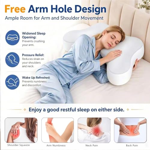Side Sleeper Pillow with Arm Hole - Ergonomic Memory Foam for Shoulder Pain