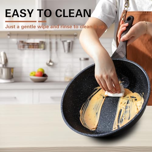 Kordisen 12 Inch Black Nonstick Wok with Lid - Granite Coating & All-Stove Compatible