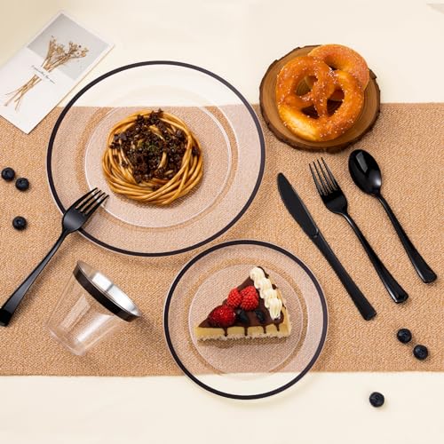 BESTSTAR 200pcs Black and Clear Plastic Disposable Plates Set - Food-Grade & Elegant