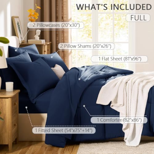 Full Size Comforter Set with 7 Pieces - Navy Blue Bed in a Bag, 82x86 Variation
