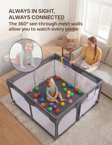 Small Baby Playpen 47x47 Inches with Pull-Up Rings - Dark Gray