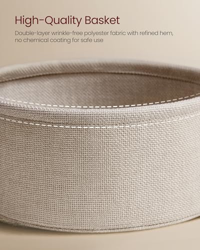 VASAGLE Round End Table with Charging Station - Matte White & Camel Brown, Fabric Basket