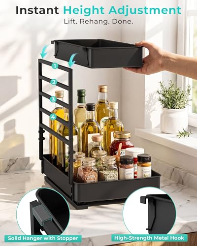 EVERIE 2 Sets Height Adjustable Metal Pull-Out Under Sink Cabinet Organizer, Black
