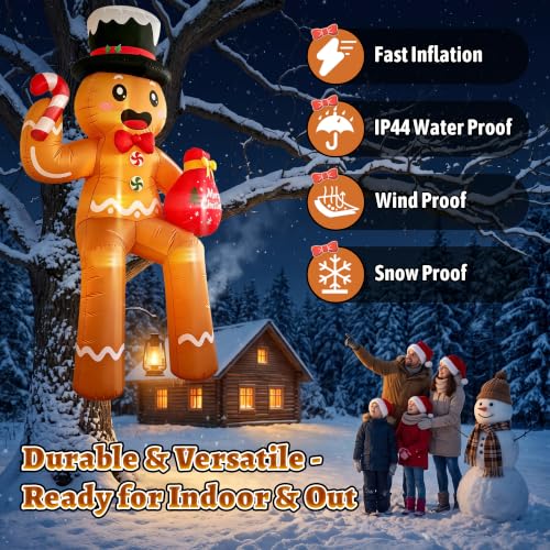 CORALMEE 11FT Sitting Gingerbread Man Christmas Inflatable with Top Hat, Candy Cane & Gift Bag (Outdoor Decor)