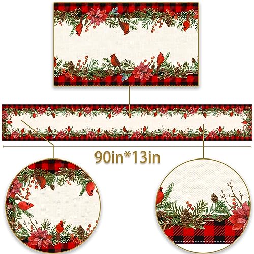 Christmas Cardinal Table Runner 13x90 inches Buffalo Plaid Holiday Decor