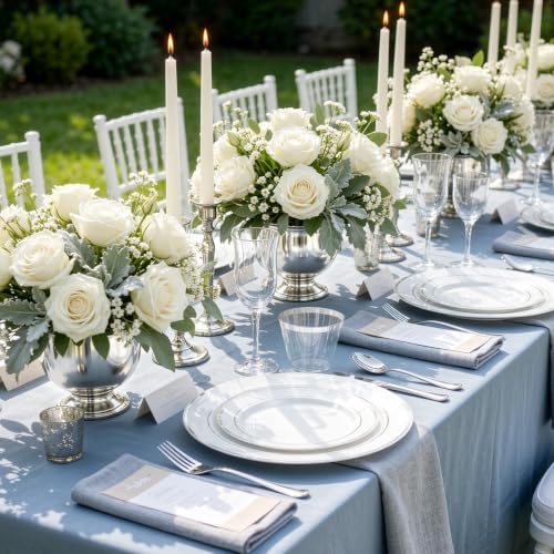 Silver Plastic Dinnerware Set for 50 Guests - 300 Pcs, Elegant Disposable Plates & Silverware