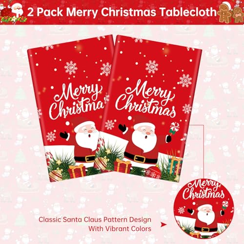 2 Pcs Christmas Tablecloth - Plastic Merry Christmas Table Cloth, Red Disposable Rectangle Cute Santa Claus Snowman Xmas Table Cover for Christma Party Decorations Favors Tables Decor, 108 x 54 Inch