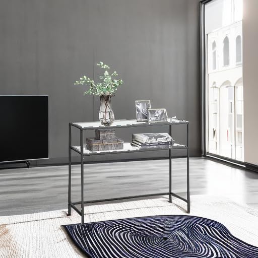 Black 39.4 Inch Console Sofa Table with Tempered Glass Shelves - Glam Style