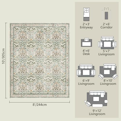 Beige 8x10 Vintage Floral Washable Area Rug for Living & Dining Rooms
