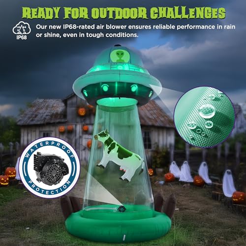10 FT UFO Abduction Inflatable Halloween Decor with Cow & LED Lights - Outdoor Yard Decoration