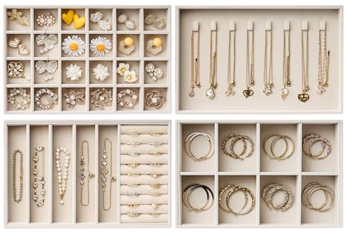 Large Beige Velvet Jewelry Drawer Organizer Trays - 4-Layer Stackable Insert Set with Removable Dividers, Magazine Size