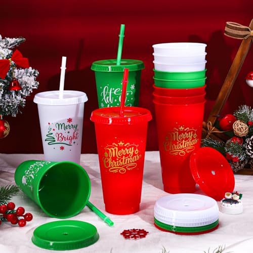 Whaline Christmas 12-Pack Reusable Plastic Tumblers with Lids & Straws - 24oz Holiday Party Cups in Red, Green, White Snow Design