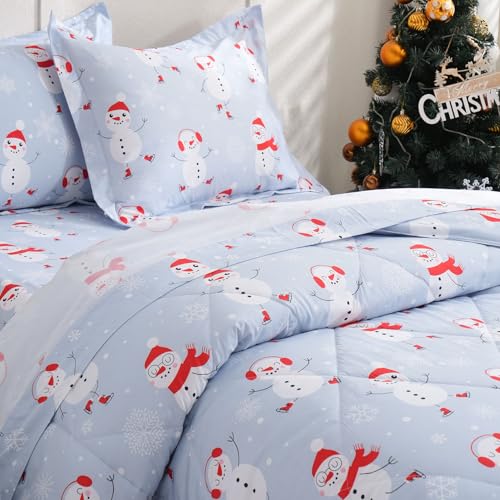 JSD Snowman Kids Comforter Set Twin Size with Pillow Sham - Blue Christmas Bedding
