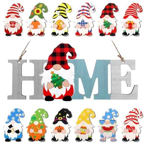 Interchangeable Gnome Home Sign Wood Fall Thanksgiving Door Decor Holiday Seasonal Decorations with 12 Pcs Changeable Gnomes for Christmas Halloween Home Wall Decor(Blue)