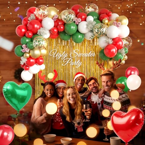 MEBAY Red Green White Gold Christmas Balloon Arch Kit with Fringe Curtain (Variation: Red Green White)