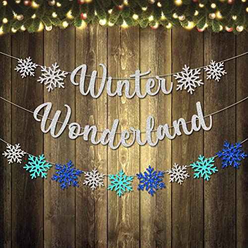 3Pcs Winter Wonderland Banners, Glittery Snowflake Banner Christmas Decorations Banners Winter Holiday Garland Photo Props Banner for Party Home Decor (Silver Blue)