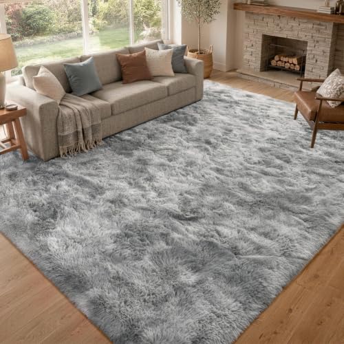 Extra Large Tie-Dyed Grey Fluffy Area Rug 9x12 - Non-Slip, Soft Living Room Carpet - Variation: M-Tie-Dyed Grey / 9' x 12' Rectangular