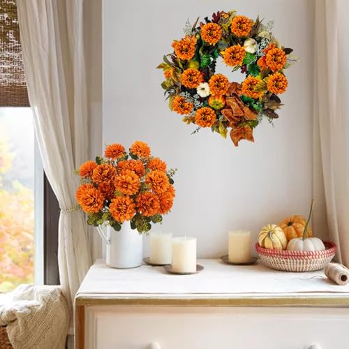 2 Pack Artificial Fall Mums Flowers for Outdoor Decor - Realistic Autumn Bouquets